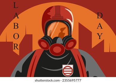 Concept Design template of Labor Day banner with fireman in helmet and gas mask against Fire city background. Red poster with Fireman in trendy groovy retro style. Firefighter. Vector illustration.