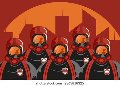 Concept Design template of Labor Day banner with fireman in helmet and gas mask against Fire city background. Red poster with Firefighters in trendy groovy retro style. Vector illustration.