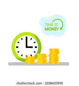 Concept of design time is money. Hours and stacks of coins. Planning of budget, investments and deposits. vector flat line icon.