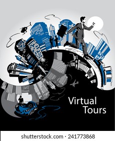 Concept of design in the topic - virtual tours with the image of a big city, skyscrapers and business people. Vector illustration.