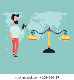 Concept design with trading advisor and scale with bitcoins on the chart background