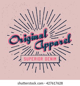 Concept of design t-shirt print. Original apparel, superior denim logo with sunburst. Vintage denim typography. Vintage jeans denim label. Vector.