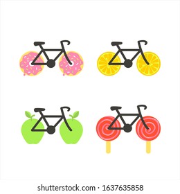 Concept design. Vector flat illustration of bicycle with cute wheels — donuts, oranges, apples, candies lollipops. Template for design of logo, flyer, presentation