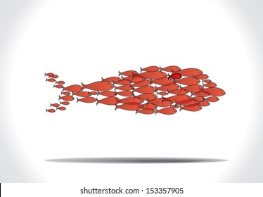 concept design vector illustration art of group of beautiful red fishes team work to organize themselves to swim in the shape of a big fish