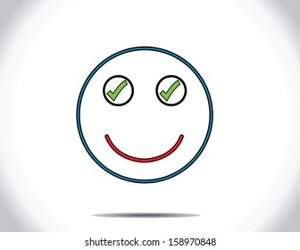 concept design vector illustration art : smiley smiling face of man or woman who has done all the pending to-do tasks represented by the circle eyes of the person