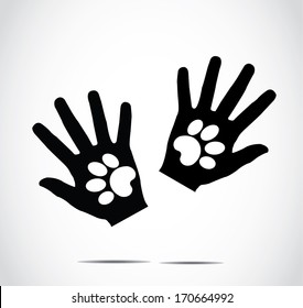 Concept design vector Illustration art of Human Hands Silhouette holding a paw of a Dog or a Cat