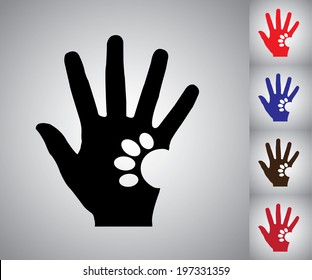 Concept design vector Illustration art of Human Hand Silhouette holding a paw of a Dog or a Cat - colorful collection set