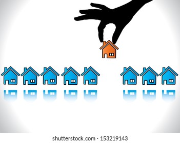 Concept Design Vector illustration of Home or House Buying: A Hand Silhouette offering red colored house to a buyer who is choosing his dream home