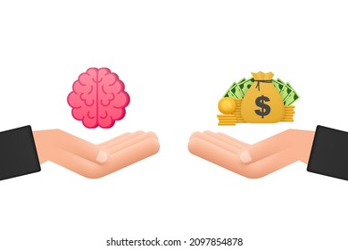 For concept design. Vector illustration of mechanism to compare value of brainwork and money on scales.Mental health concept.