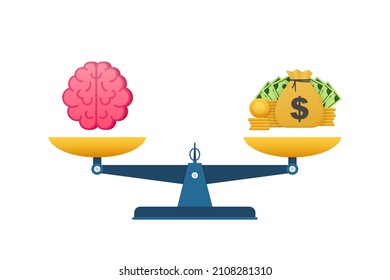 For concept design. Vector illustration of mechanism to compare value of brainwork and money on scales.Mental health concept.