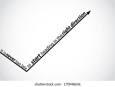 concept design vector illustration unusual art : an arrow changing from wrong to right direction towards progress with quote text as its never too late to head in the right direction