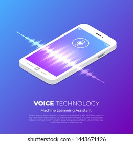 Concept Design Voice Technology. Isometric Illustrations vector. assistant connecting devic e with speak to machine learnning or AI. Internet of thing.