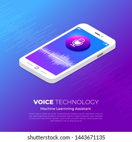 Concept Design Voice Technology. Isometric Illustrations vector. assistant connecting devic e with speak to machine learnning or AI. Internet of thing.