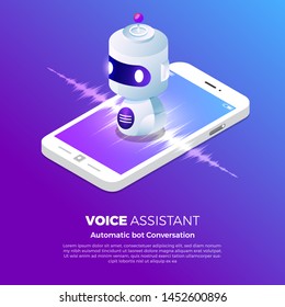 Concept Design Voice Technology. Isometric Illustrations vector. assistant connecting device with speak to machine learning or AI. Internet of thing.