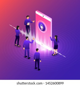 Concept Design Voice Technology. Isometric Illustrations vector. assistant connecting device with speak to machine learning or AI. Internet of thing.