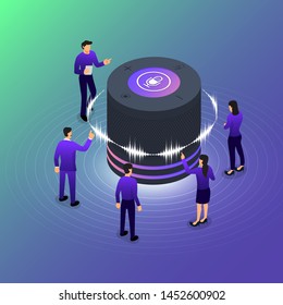Concept Design Voice Technology. Isometric Illustrations vector. assistant connecting device with speak to machine learning or AI. Internet of thing.