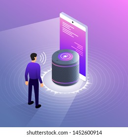 Concept Design Voice Technology. Isometric Illustrations vector. assistant connecting device with speak to machine learning or AI. Internet of thing.
