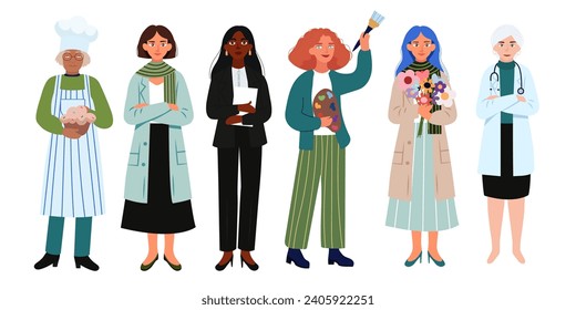 Concept, design of women of different nationalities, different professions. International Women's Day. Business lady, cook, pastry chef, artist, girl with a bouquet, doctor