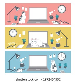 Concept design to work at home. Work on a cat and a laptop at home. Vector illustration on white background.