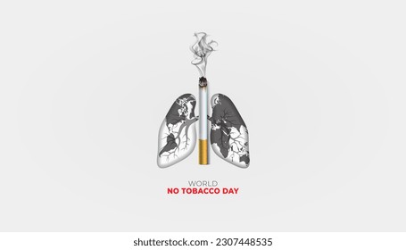 Diseño conceptual de la conciencia del Día Mundial sin Tabaco. Ilustración vectorial 3D. Fumar cigarrillos y diseño de pulmón humano con mapa del mundo.