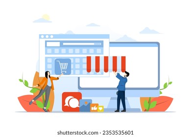 diseñador de conceptos y equipo de desarrollo crean tienda o tienda online. Construya su tienda de compras en línea. Personas trabajando en el diseño web para pantalla de computadora portátil, ilustración vectorial plana.