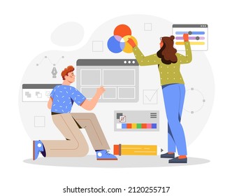 Concept of designer. Man and girl selecting element for website. Team of freelancers creating interface for convenience of users. Scenes from office, coworking. Cartoon flat vector illustration