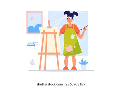 Concept designer with people scene in the flat cartoon style. A young designer draws a sketch of a design project that she later implements. Vector illustration.