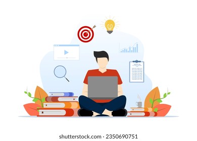 concept of designing remote work technology for online education and learning and student using computer to study. Online education for students. Flat vector illustration on a white background.