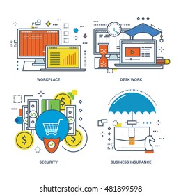 Concept of desk work, marketing, workplace, education, security, and business insurance. Color Line icons collection.