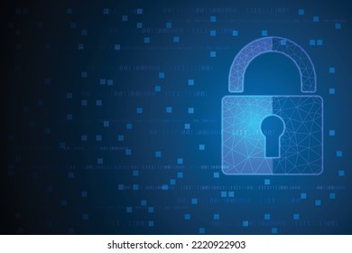 Concept of destroyed cyber security.Padlock blue open on background network dark red background.Cyber attack and Information leak concept.Vector illustration.
