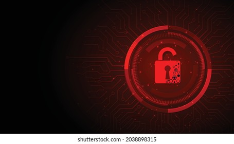 Concept of destroyed cyber security.Padlock red open on electric circuits network dark red background.Cyber attack and Information leak concept.Vector illustration.