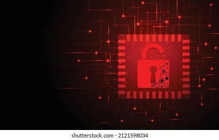 Concept of destroyed cyber security.Padlock red open on electric circuits network dark red background.Cyber attack and Information leak concept.Vector illustration.