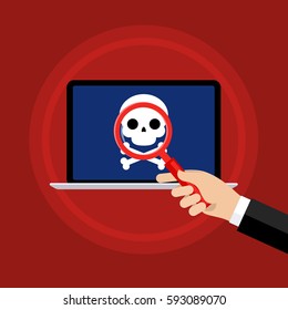 Concept of detection of the virus, piracy, hacking and security. Hand holding a magnifying glass. Laptop with malicious content and skull on the screen. Flat design, vector illustration.