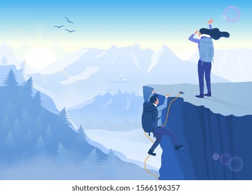 Concept of determination, perseverance and never giving up in the face of a challenge with two mountaineers climbing a precipitous cliff to reach the summit of a mountain - achievement and success