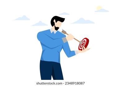 The concept of determining the target market for small businesses. Narrow down the target audience. Focus on a specific goal or group. Businessman trying to aim, create flat vector illustration.