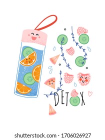 Concepto de bebida de desintoxicación, agua potable en un termo, botella de vidrio. Tarjeta vectorial o carteles con agua de fruta, ilustración desintoxicada a mano, hábitos diarios correctos, rituales matutinos.
