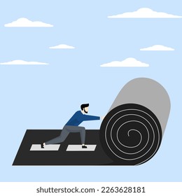 Concept Develop career path, create success path, start new path to achieve target or plan ahead entrepreneur with their own path concept, confident entrepreneur rolls road carpet to walk towards goal