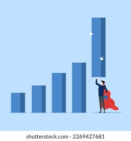 Concept Develop or upgrade, increase sales or increase revenue, grow business or develop marketing plan to make more profit concept, super hero businessman helping to lift bar graph to new high level.