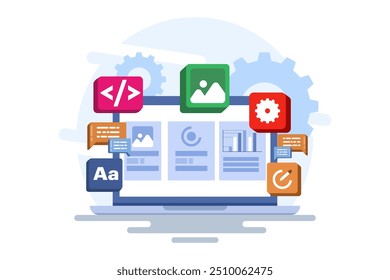 Concept of developer building a website Front-end user interface, UI UX, Software development, Web design, App design, Coding, Web development. Flat vector illustration on background.