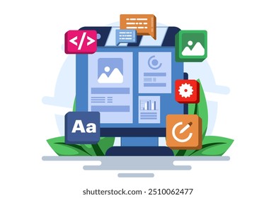 Concept of developer building a website Front-end user interface, UI UX, Software development, Web design, App design, Coding, Web development. Flat vector illustration on background.