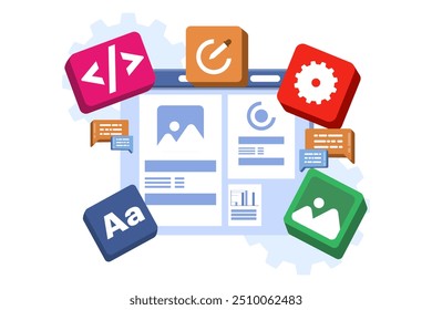 Concept of developer building a website Front-end user interface, UI UX, Software development, Web design, App design, Coding, Web development. Flat vector illustration on background.