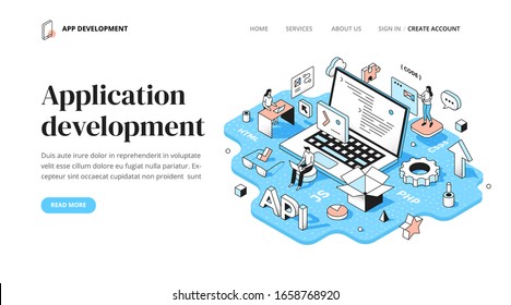 Conceito de desenvolvimento de software de computador. Codificar e programar um aplicativo. Ilustração de ponto de contorno isométrico moderno para página de destino, web ou materiais impressos