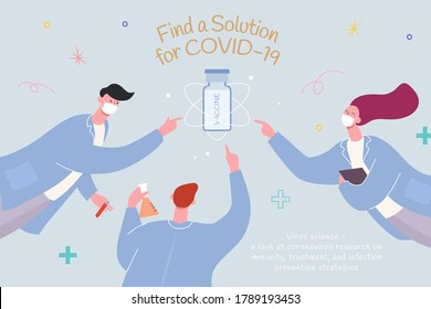 Concept of developing coronavirus vaccine, with research team trying to reach the vaccine bottle, illustration in flat design