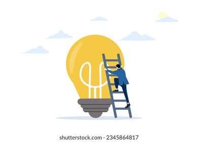 concept of developing ideas for career growth, accumulating knowledge, creativity or skills to help a better life. Businessman climbing ladder to stand on big idea light bulb. flat vector illustration