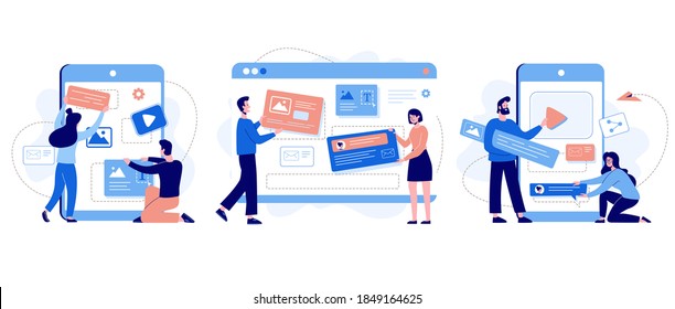 The concept of developing websites and mobile applications. Vector illustration. Social media graphic design. Landing page template designed by man and woman. Flat style