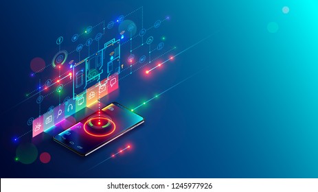 Concept development abstract smart home system. Mobile app showing plan building IOT devices. Isometric infographics illustration about internet of things on holographic drawing building on smartphone