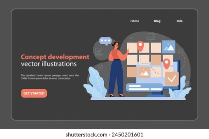 Concept Development in Branding. A vibrant vector illustration showcasing a professional crafting and refining a brand's conceptual framework and strategy. Flat vector illustration.