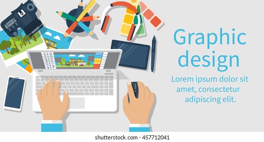 Concept of development of graphic design. Banner flat design style, vector illustration. Designer works with modern equipment digital devices at table. Software processing photo.