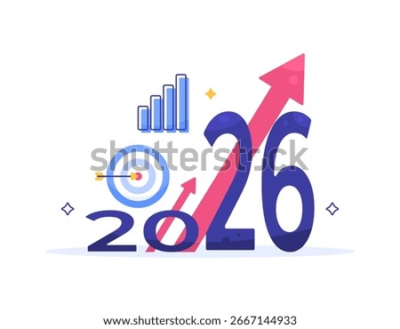 Concept of development and improvement in 2026. Happy New Year 2026. Illustration of the number 2026 with an increasing chart. Goals, vision, success, business. Flat design. White background