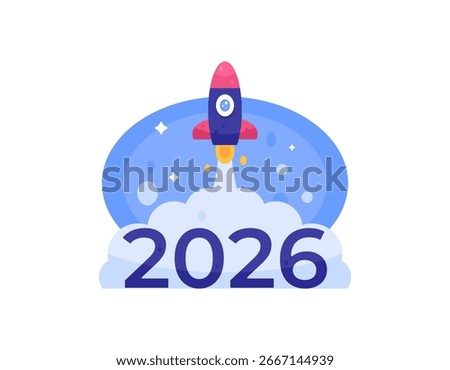 The concept of development and improvement in 2026. Happy New Year 2026. Illustration of the number 2026 with a rocket flying. Goals, vision, success, business. Flat design. White background